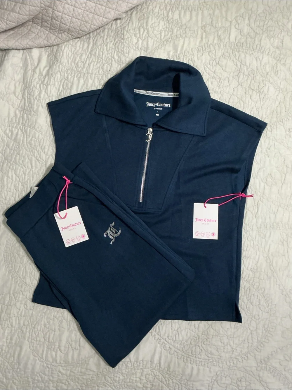 NWT Juicy Couture Sport Navy 2-Piece Set 1/4 Zip Sweatpants Size L